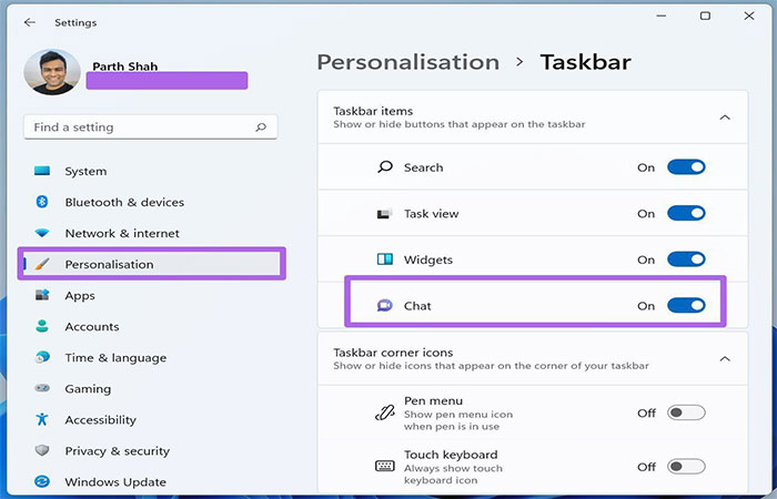 Settings > Personalization > Taskbar > Taskbar Items